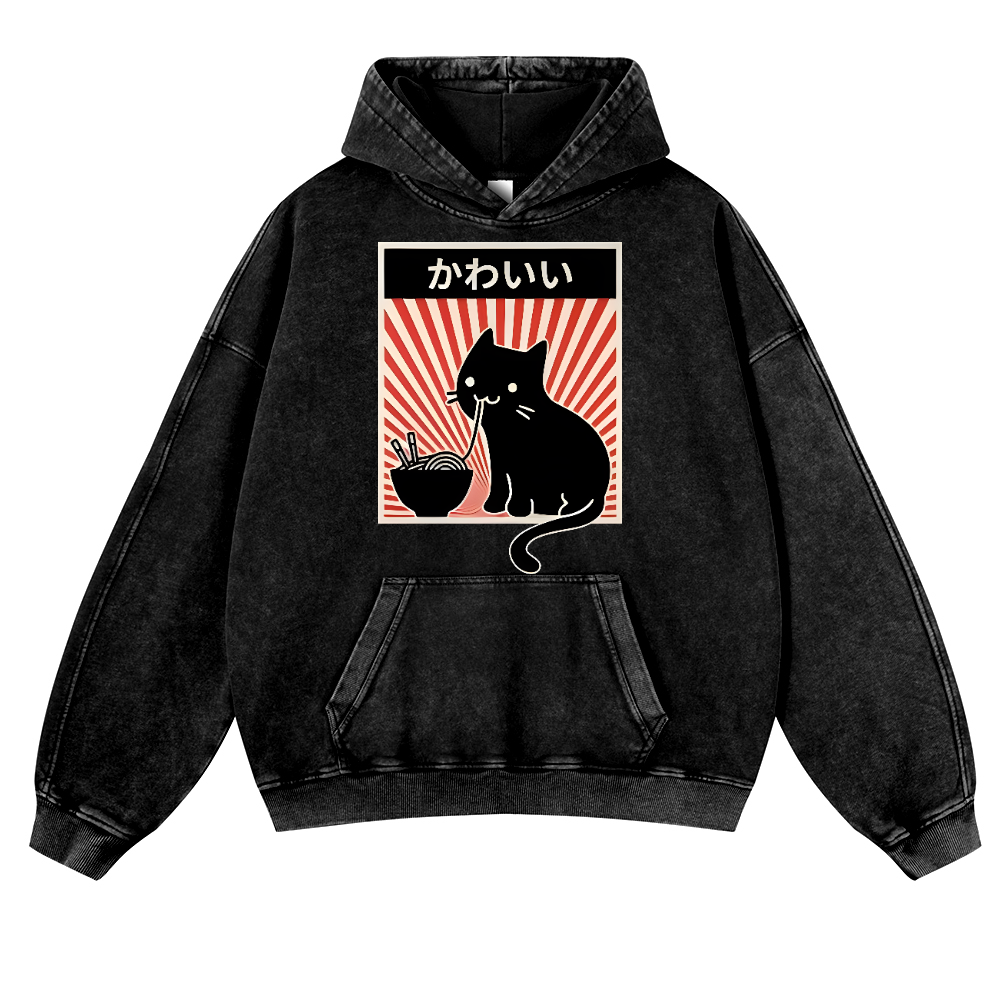Cat Vintage Washed Thick Cotton Hoodie