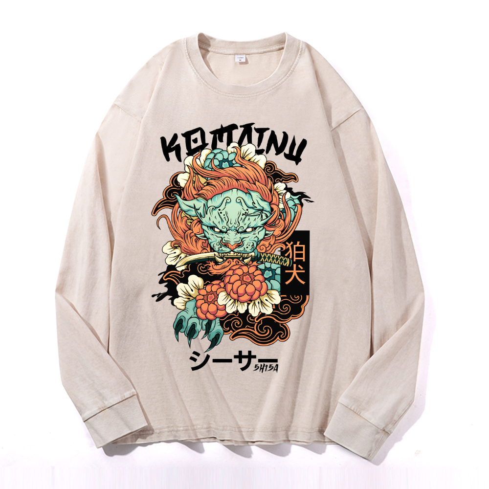 Komainu Vintage Cotton Wash Crewneck Long-Sleeve T-Shirt