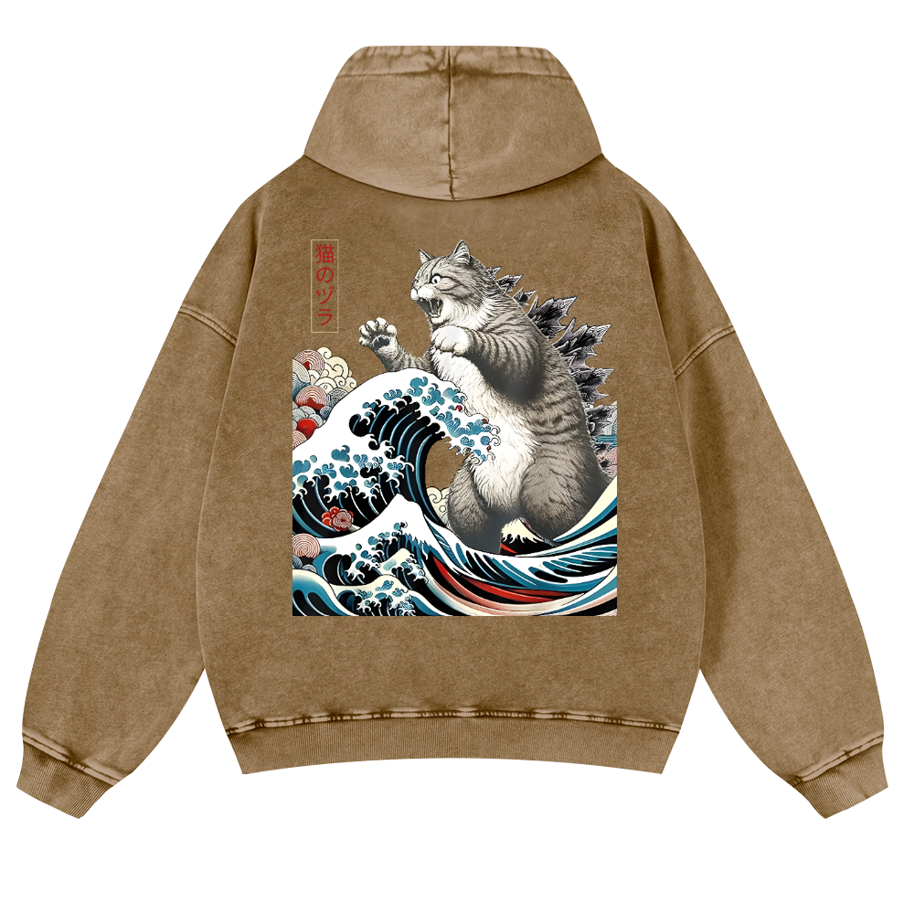 Cat Kaiju Ukiyoe Great Wave Vintage Washed Cotton Back Art Hoodie