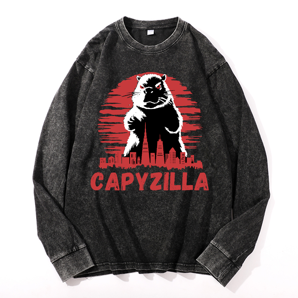 Capybara Kaiju Capyzilla Vintage Cotton Wash Crewneck Long-Sleeve T-Shirt