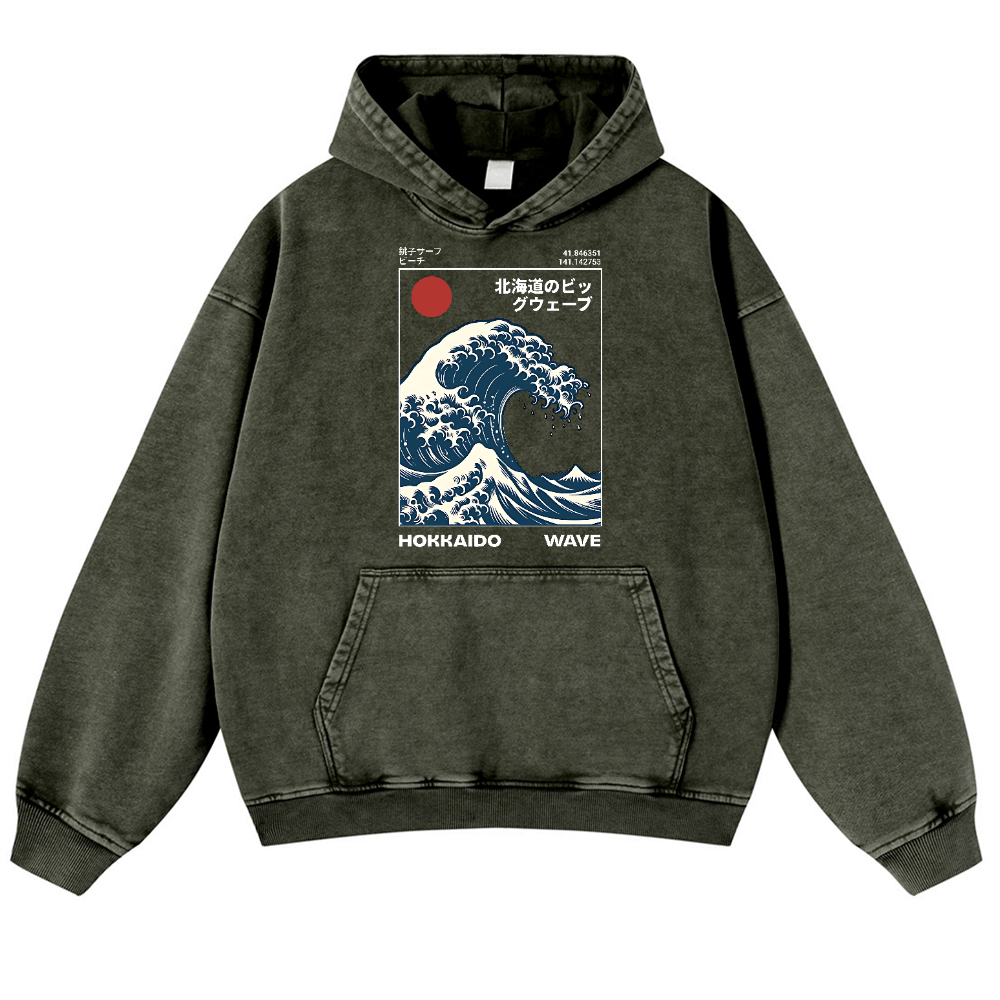 Hokkaido The Great Wave off Kanagawa Ukiyoe Vintage Washed Thick Cotton Hoodie