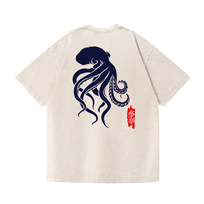 Octopus Vintage Wash Japanese Design Back Art T-Shirt