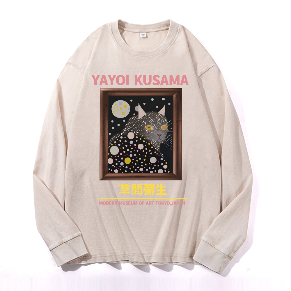 Yayoi Kusama Cat Vintage Cotton Wash Crewneck Long-Sleeve T-Shirt
