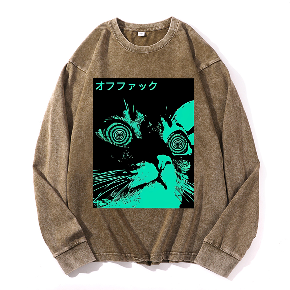 Enigmatic Cat Eyes Vintage Cotton Wash Crewneck Long-Sleeve T-Shirt