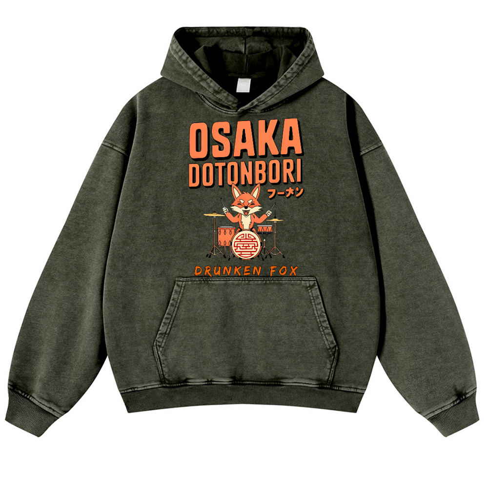 Osaka Dotonbori Drunken Fox Vintage Washed Thick Cotton Hoodie