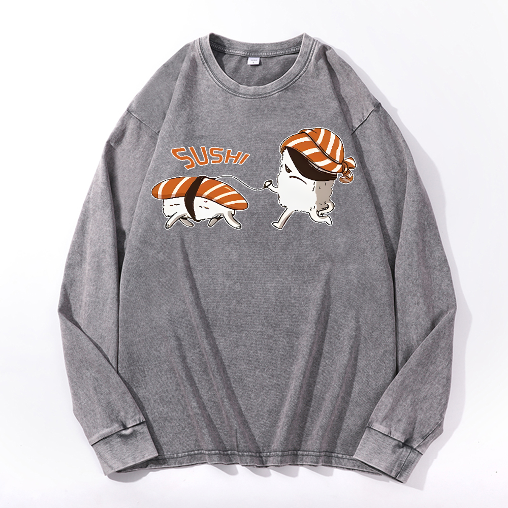 Sushi Vintage Cotton Wash Crewneck Long-Sleeve T-Shirt