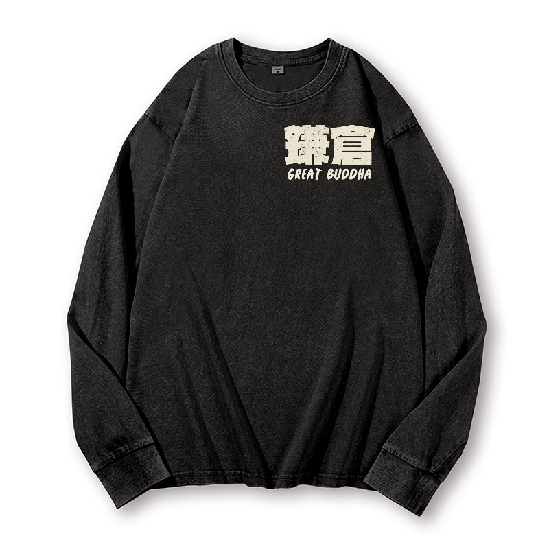 Buddhism Kamakura Daibutsu Great Buddha Vintage Washed Cotton Back Art Long-sleeve T-shirt