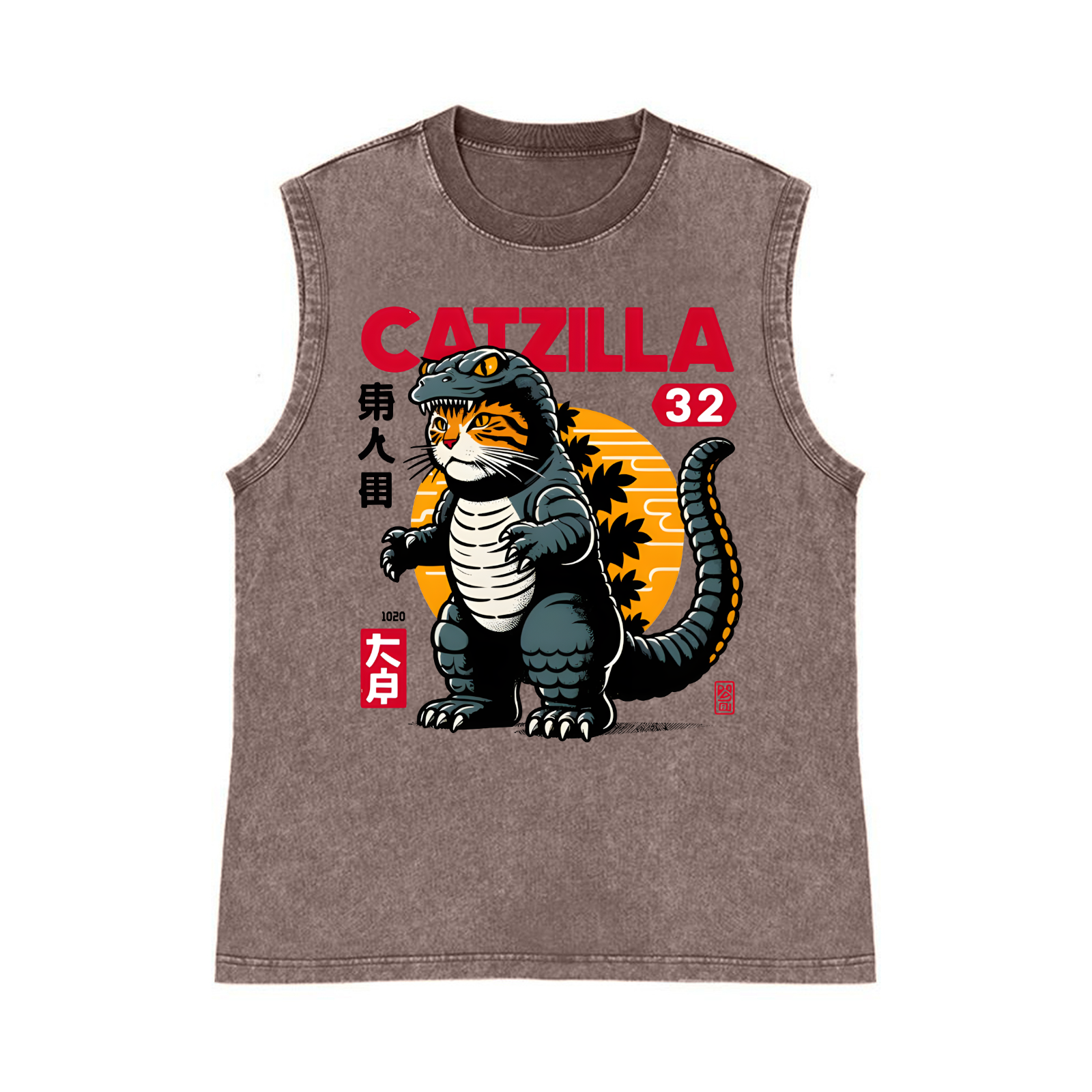 Catzilla Cat Kaiju Pure Cotton Wash-Dyed Sleeveless Tank Top