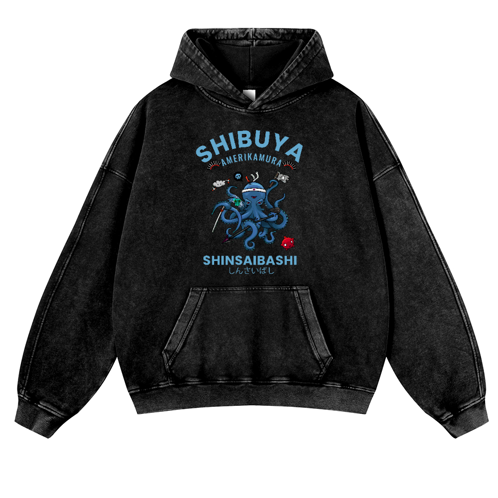 Shibuya Octopus Vintage Washed Thick Cotton Hoodie