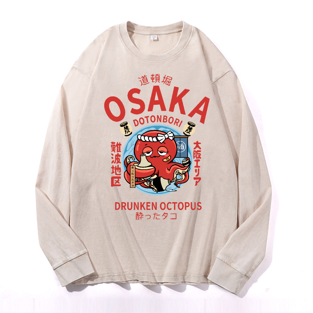 Osaka Dotonbori Drunken Octopus Vintage Cotton Wash Crewneck Long-Sleeve T-Shirt