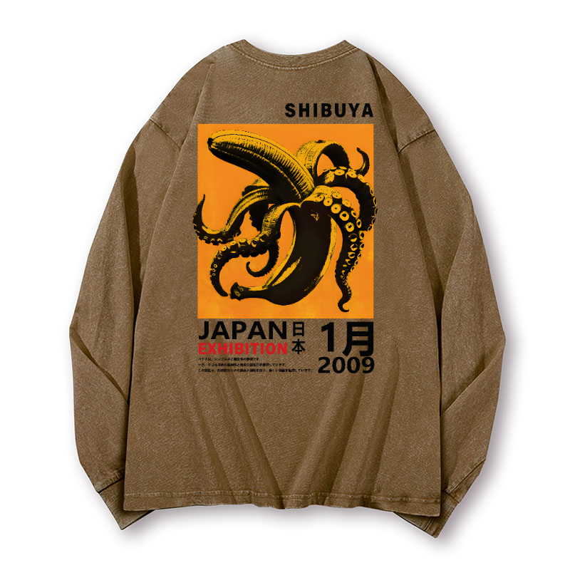 Shibuya Banana Octopus Vintage Washed Cotton Back Art Long-sleeve T-shirt
