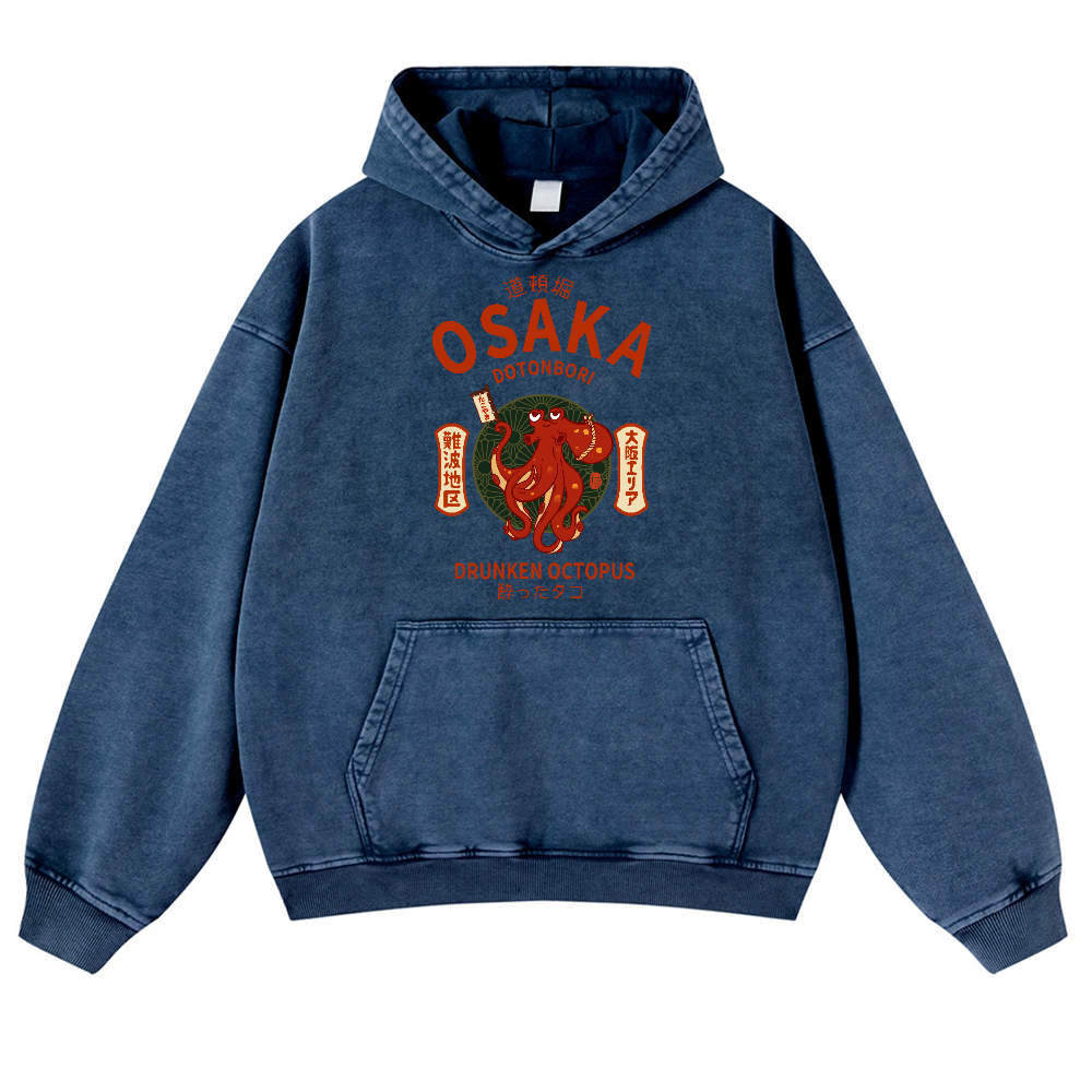 Osaka Dotonbori Drunken Octopus Vintage Washed Thick Cotton Hoodie