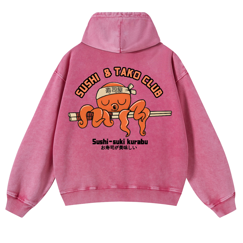 Sushi and Tako Octopus Vintage Washed Cotton Back Art Hoodie
