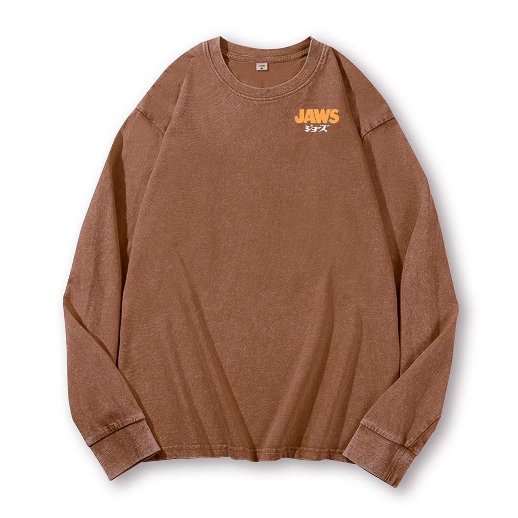 Jaws Shark Vintage Washed Cotton Back Art Long-sleeve T-shirt