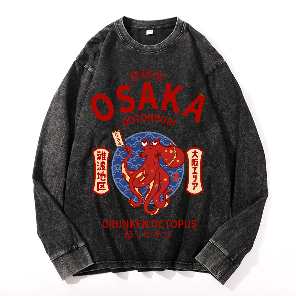 Osaka Dotonbori Drunken Octopus Vintage Cotton Wash Crewneck Long-Sleeve T-Shirt