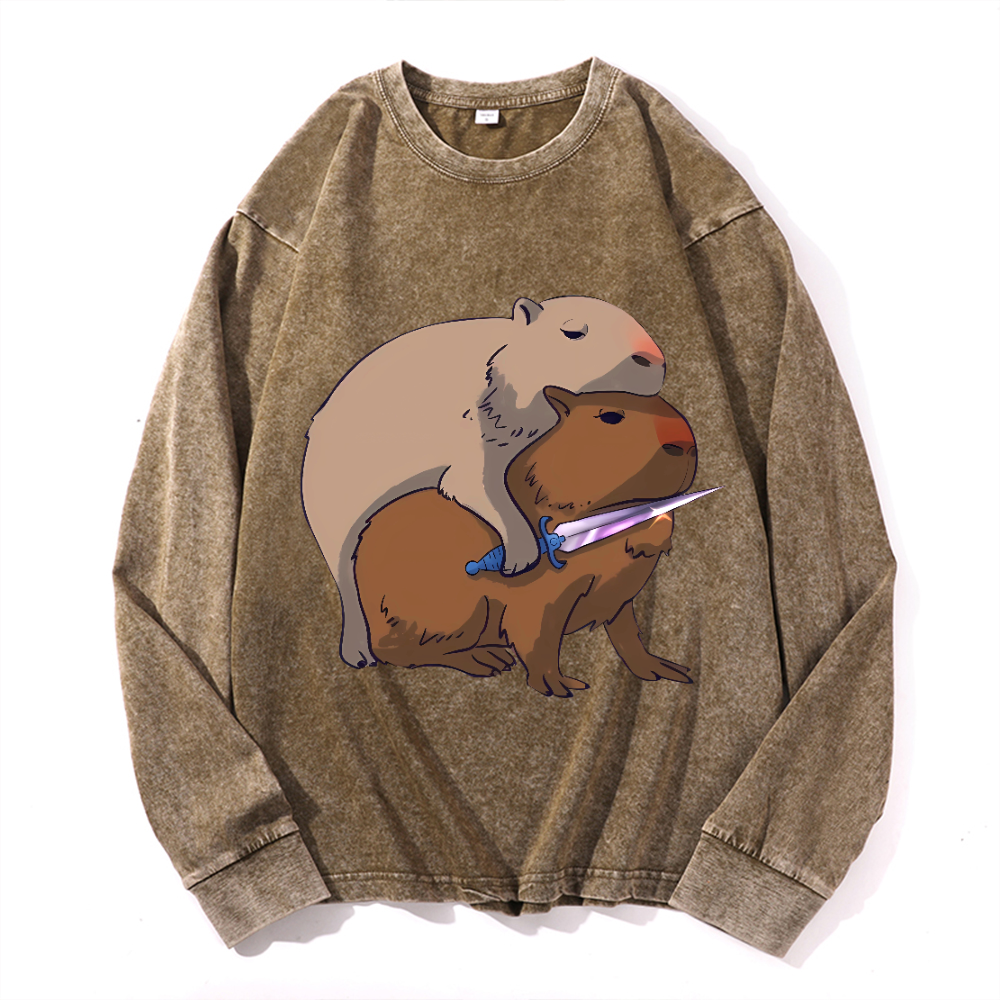 Capybara Vintage Cotton Wash Crewneck Long-Sleeve T-Shirt