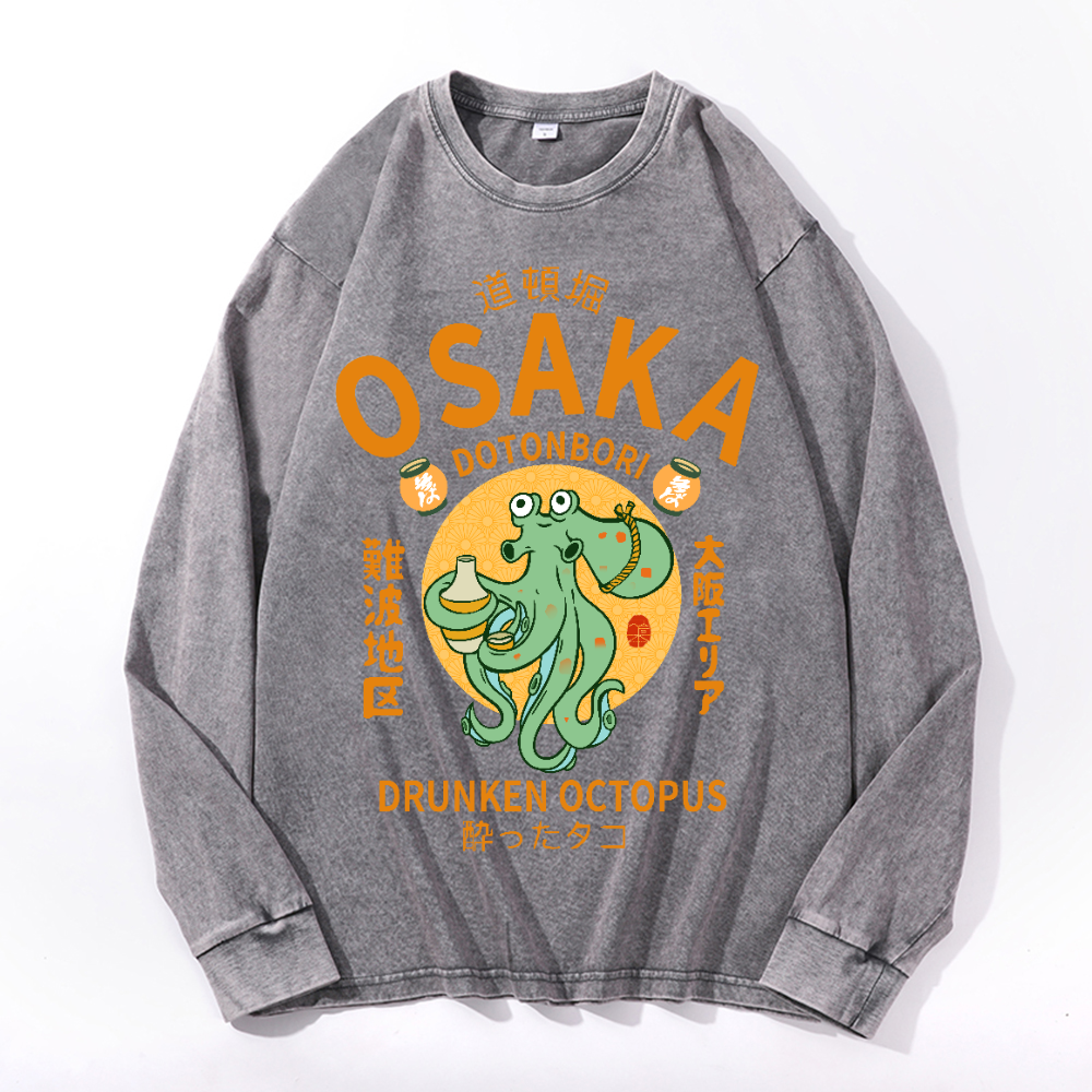 Osaka Dotonbori Drunken Octopus Vintage Cotton Wash Crewneck Long-Sleeve T-Shirt