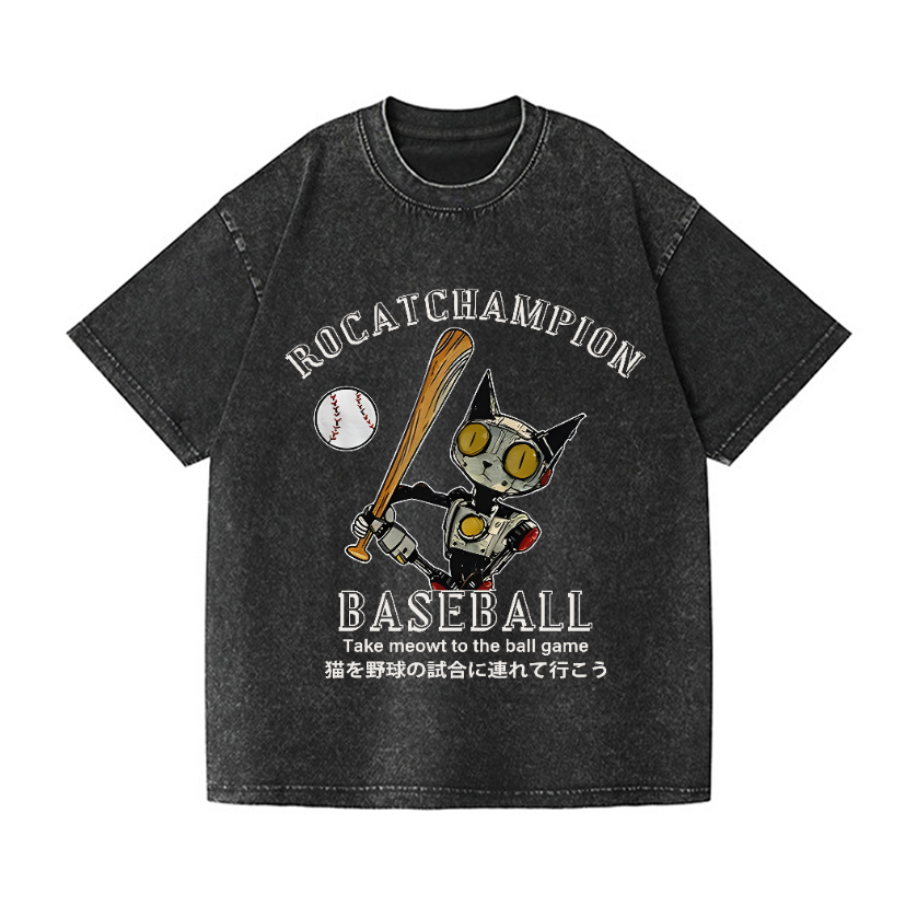 Robot Cat Baaseball Vintage Wash Japanese Design T-Shirt
