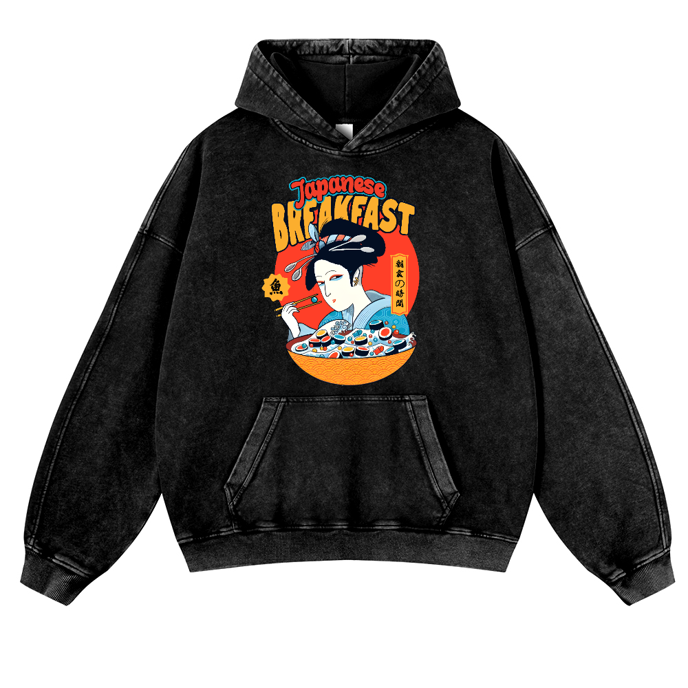 Geisha Fish Sushi Vintage Washed Thick Cotton Hoodie