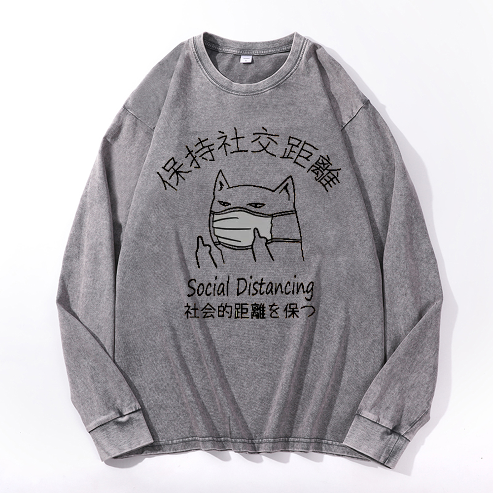 Social Distancing Vintage Cotton Wash Crewneck Long-Sleeve T-Shirt