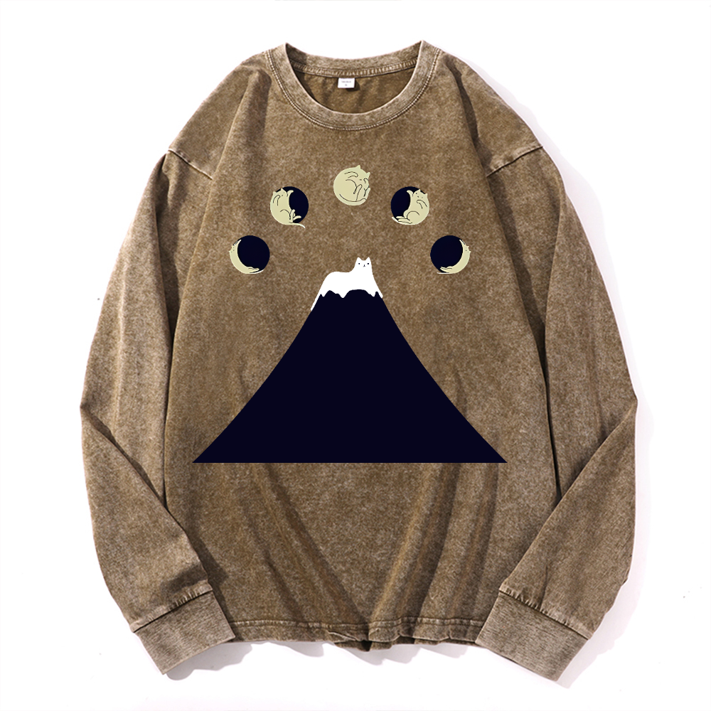 Fuji Cat Vintage Cotton Wash Crewneck Long-Sleeve T-Shirt