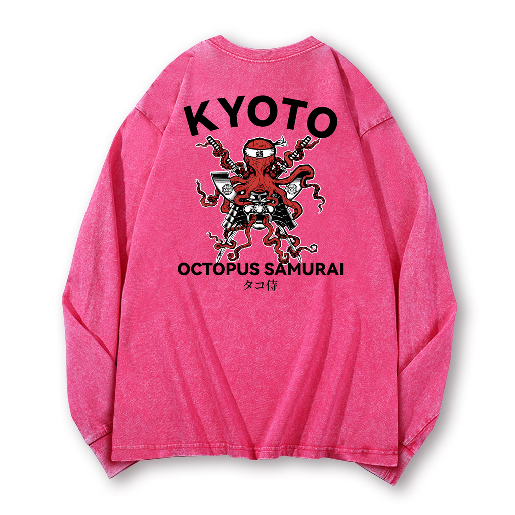 Kyoto Octopus Samurai Vintage Washed Cotton Back Art Long-sleeve T-shirt