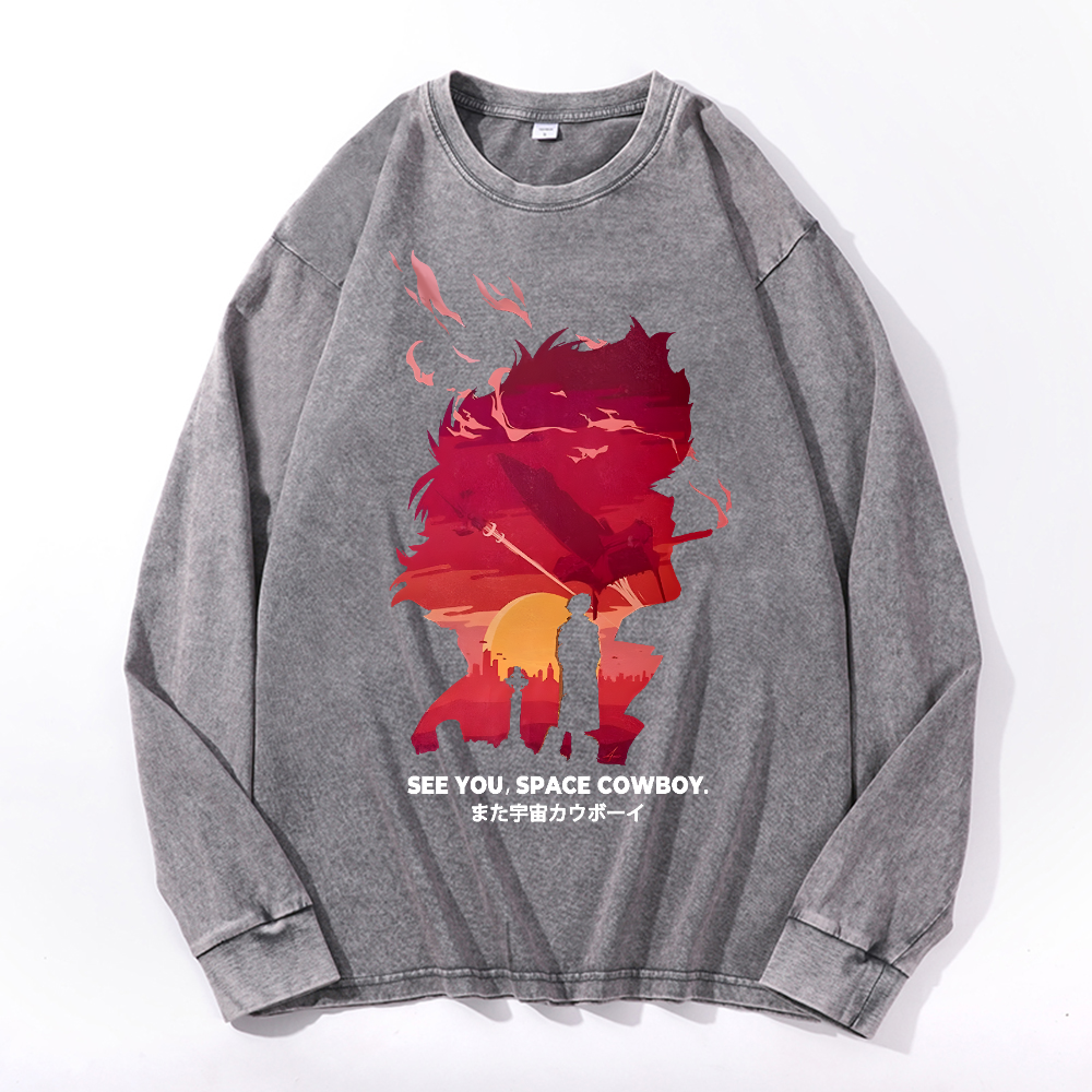 Cowboy Bebop Vintage Cotton Wash Crewneck Long-Sleeve T-Shirt
