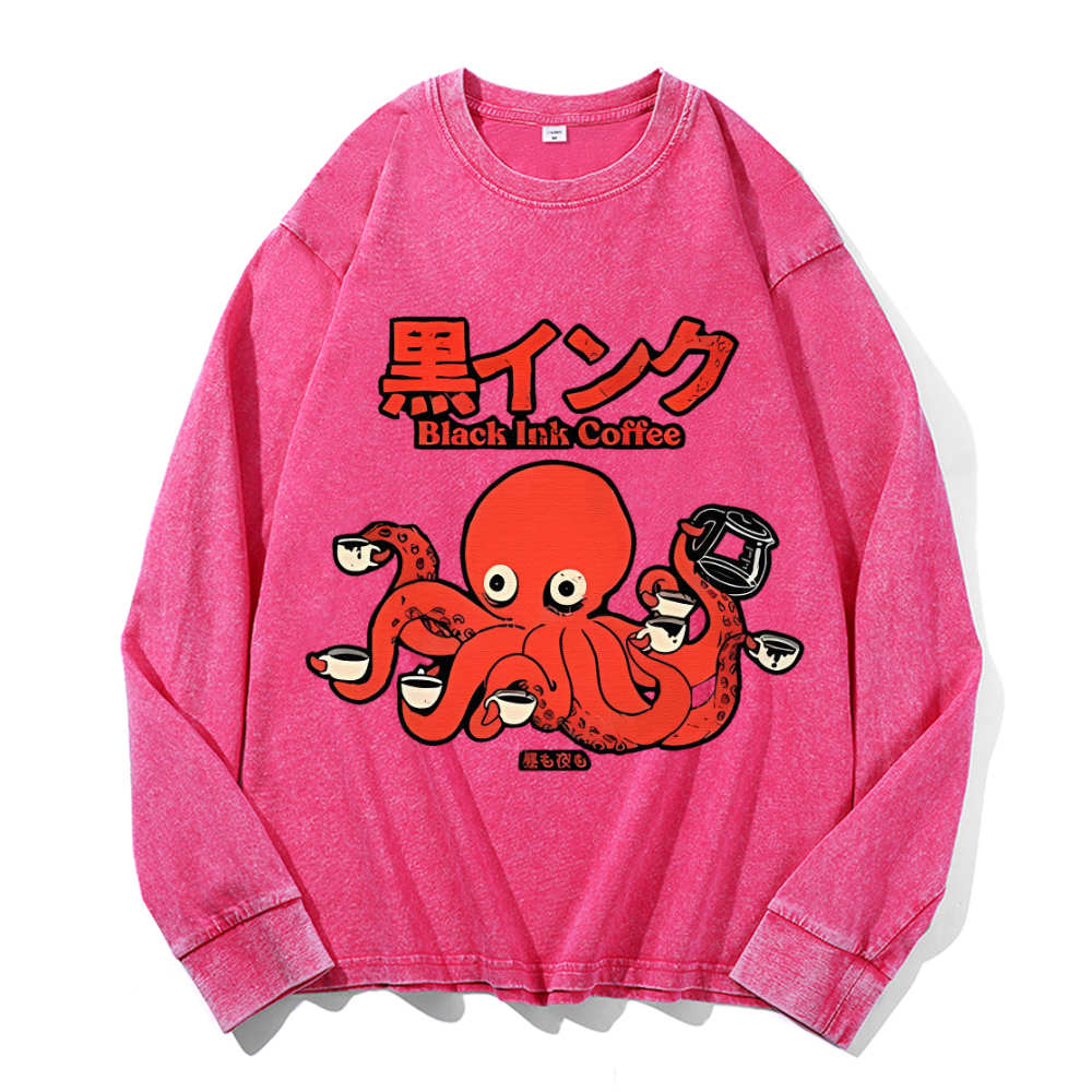 Octopus Coffee Vintage Cotton Wash Crewneck Long-Sleeve T-Shirt