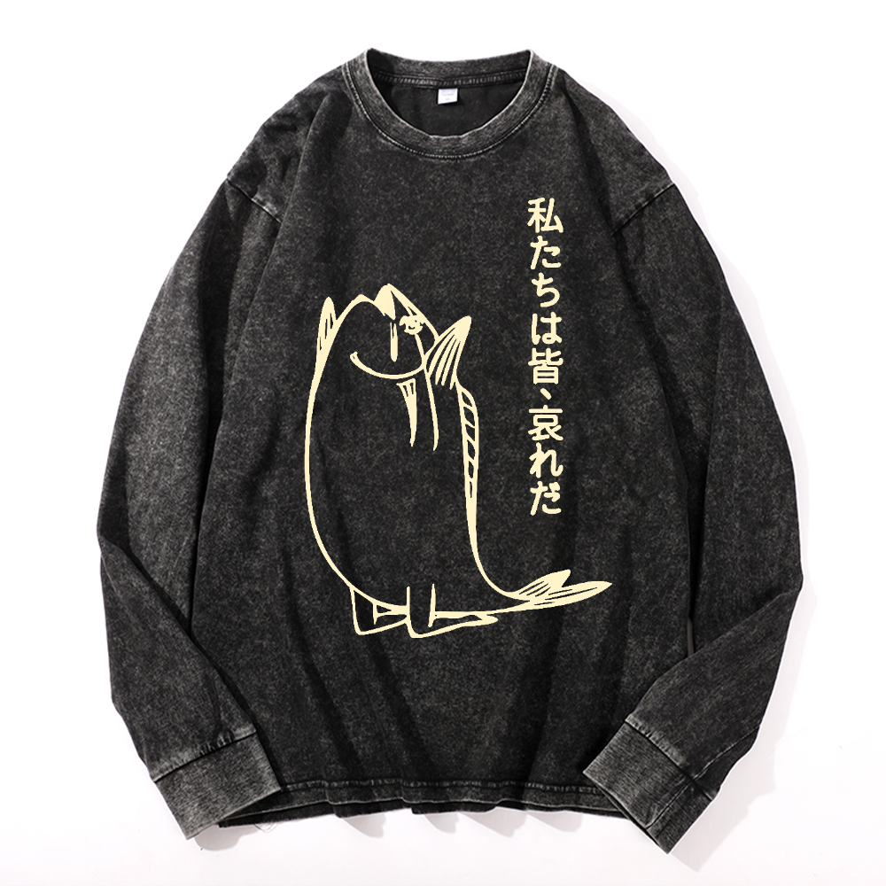 Fish Vintage Cotton Wash Crewneck Long-Sleeve T-Shirt