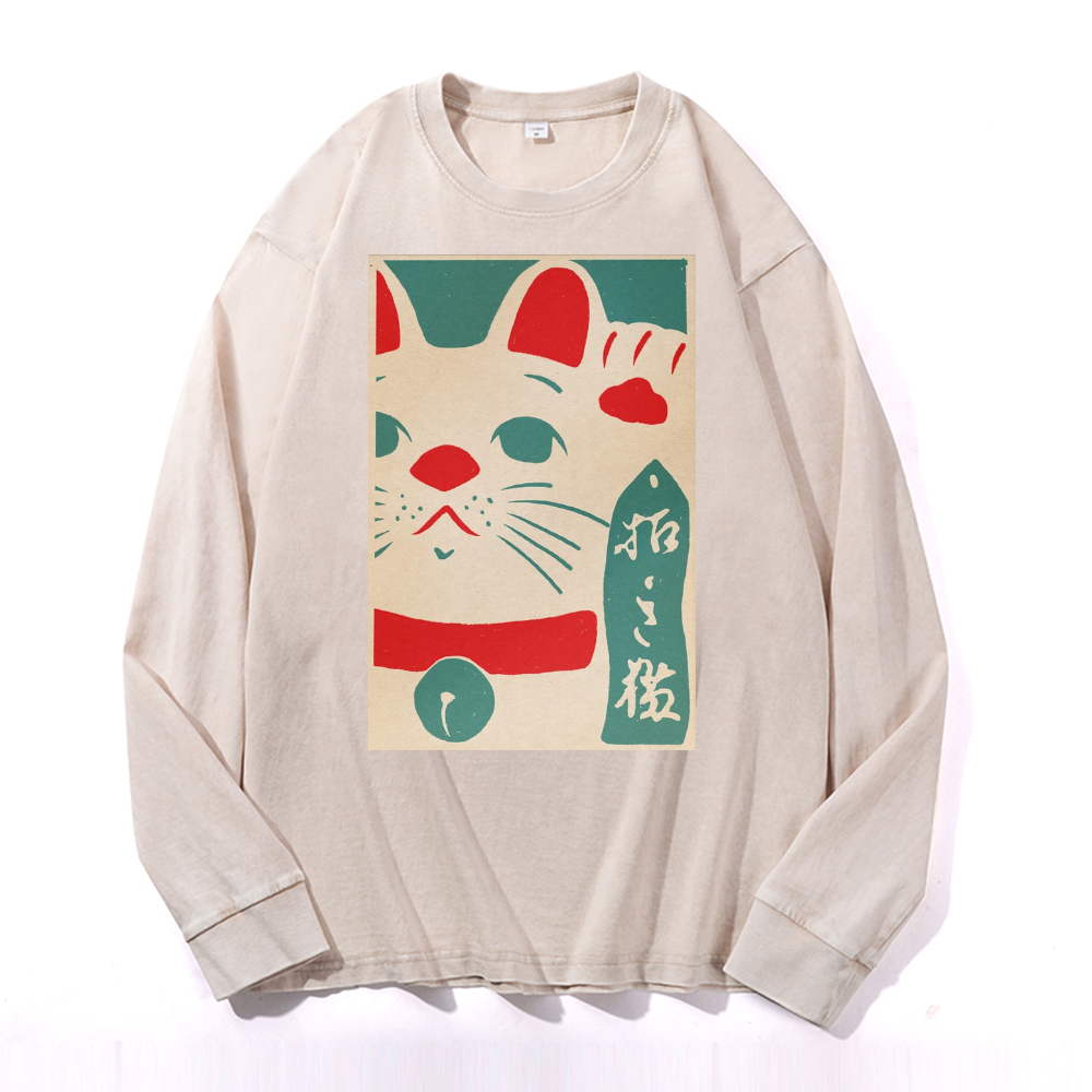 Cat Vintage Cotton Wash Crewneck Long-Sleeve T-Shirt