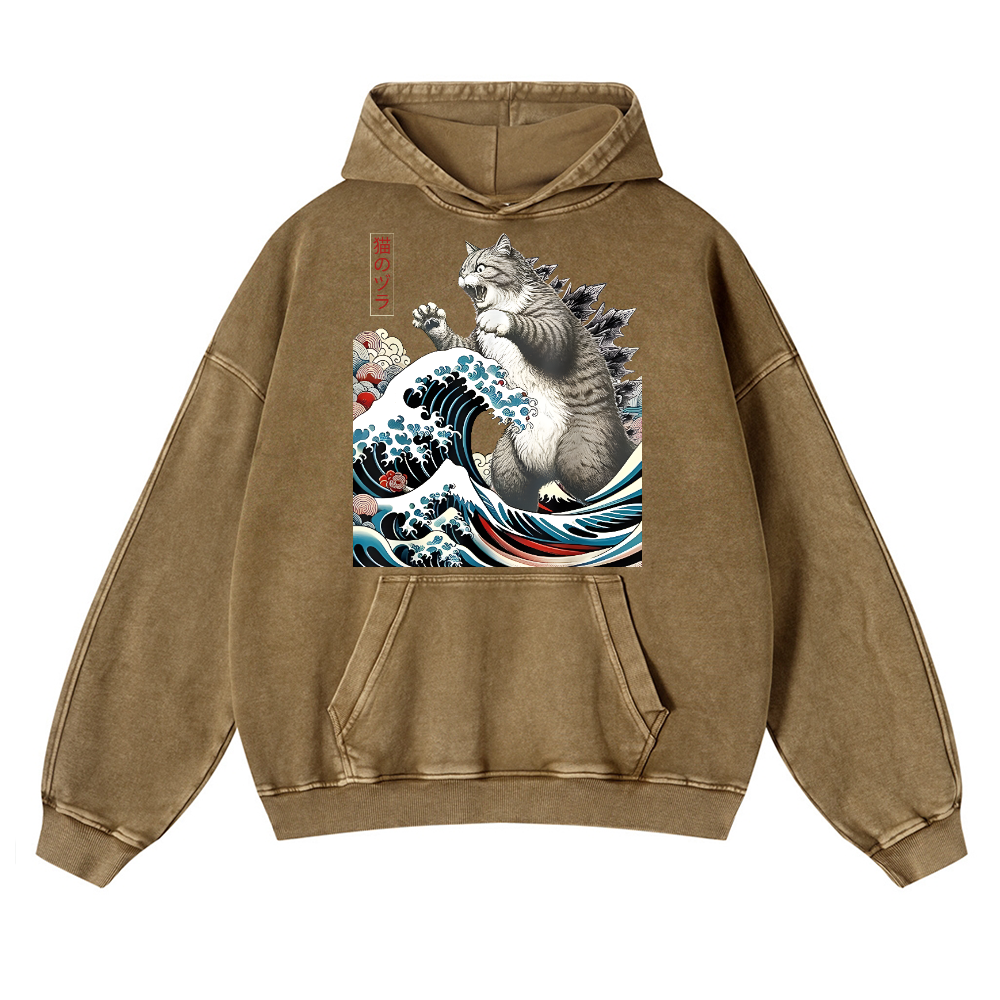 Cat Kaiju Catzilla Ukiyoe Great Wave Vintage Washed Thick Cotton Hoodie