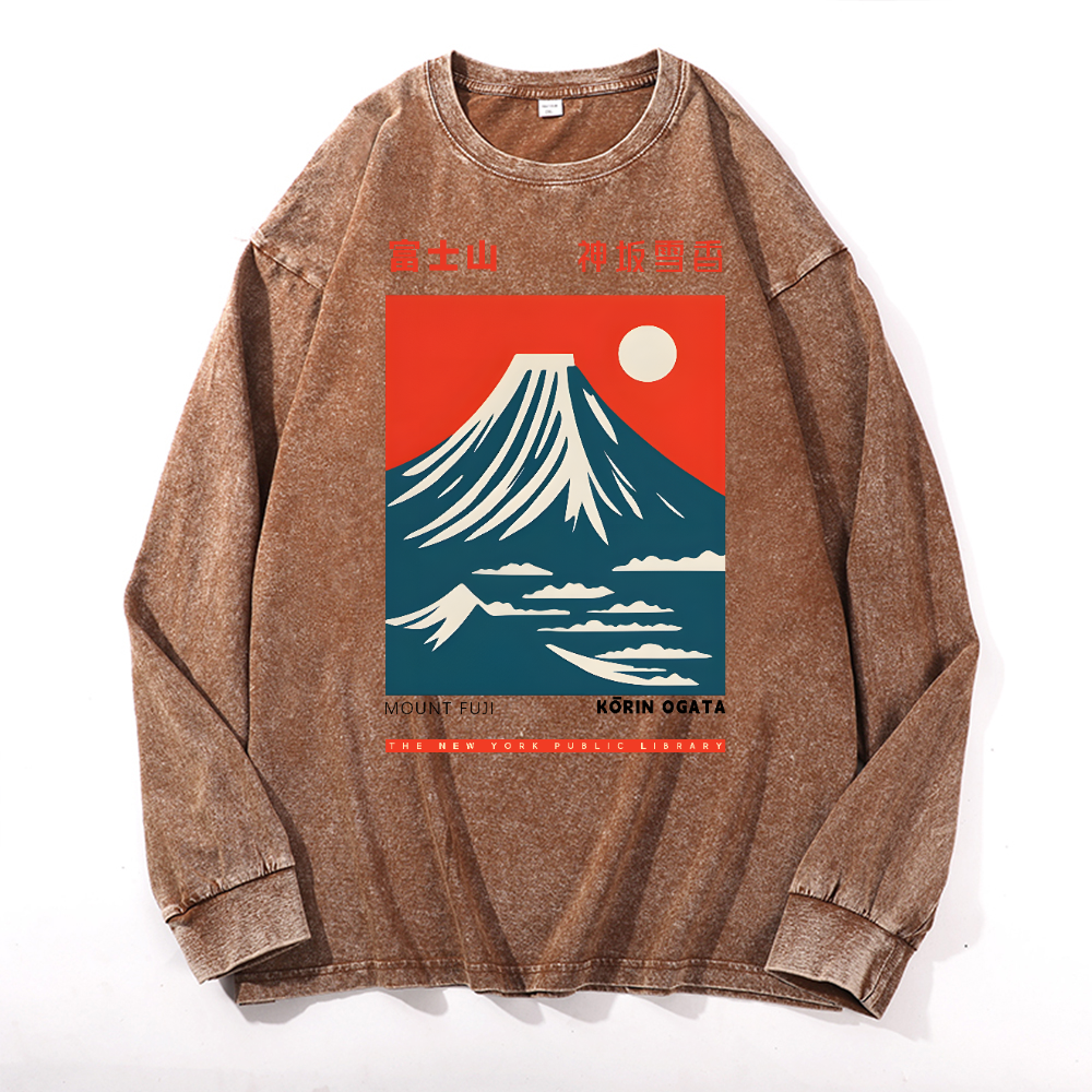 Mount Fuji Vintage Cotton Wash Crewneck Long-Sleeve T-Shirt