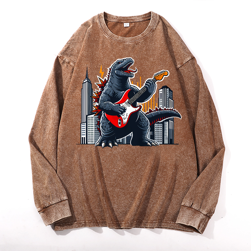 Rock Kaiju Vintage Cotton Wash Crewneck Long-Sleeve T-Shirt