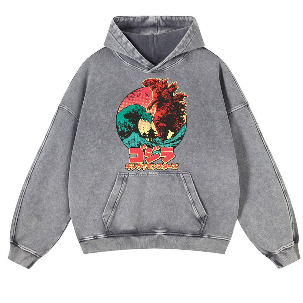 Kaiju Wave Vintage Washed Thick Cotton Hoodie