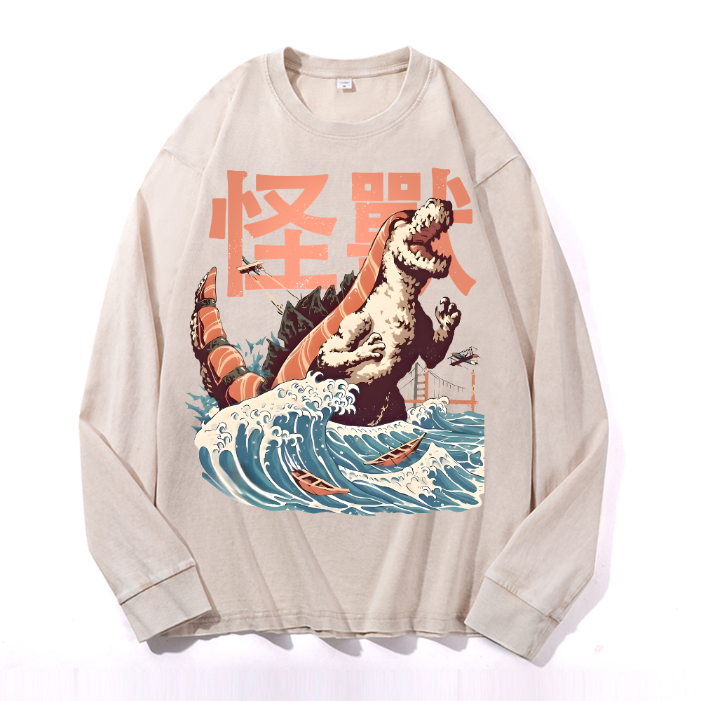 Kaiju Sushi Monster Wave Vintage Cotton Wash Crewneck Long-Sleeve T-Shirt