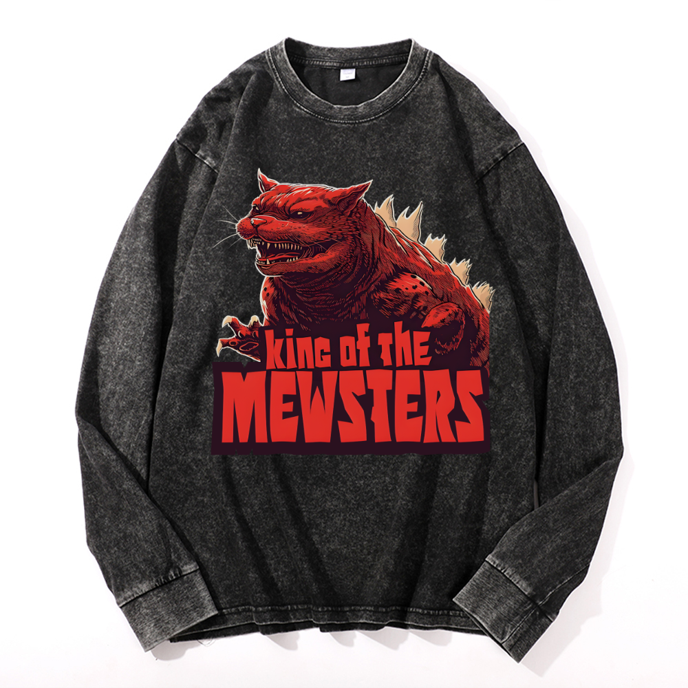 Catzilla Cat Kaiju Vintage Cotton Wash Crewneck Long-Sleeve T-Shirt