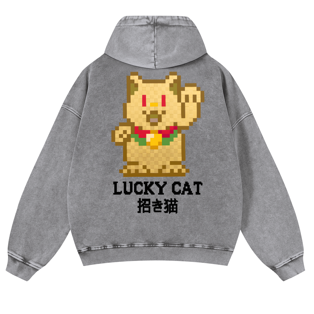 Mosaic Lucky Cat Vintage Washed Cotton Back Art Hoodie