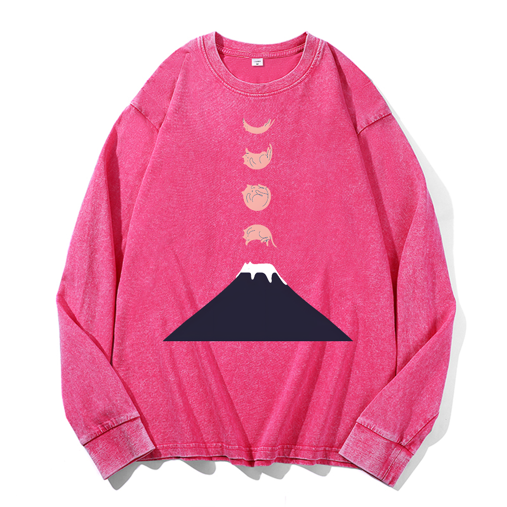 Fuji Cat Vintage Cotton Wash Crewneck Long-Sleeve T-Shirt
