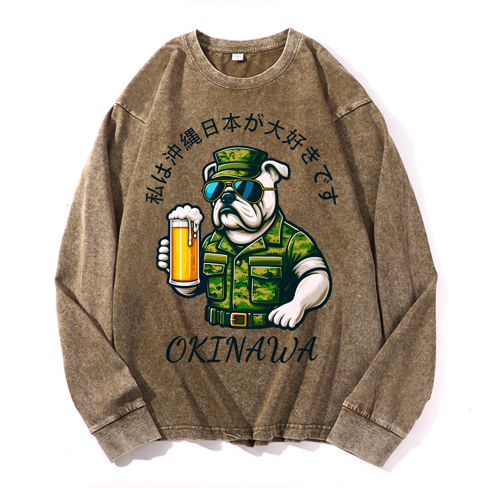 Okinawa Dog Vintage Cotton Wash Crewneck Long-Sleeve T-Shirt