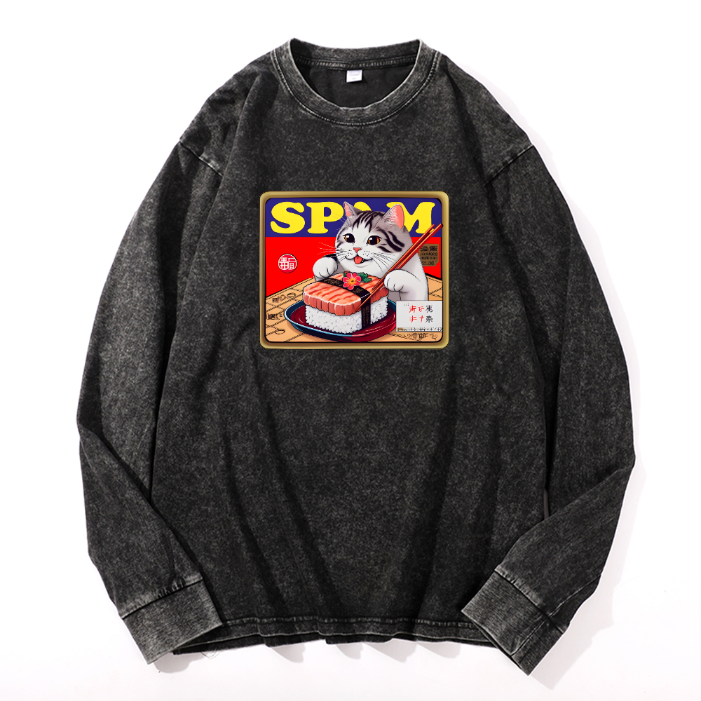 Spam Cat Vintage Cotton Wash Crewneck Long-Sleeve T-Shirt