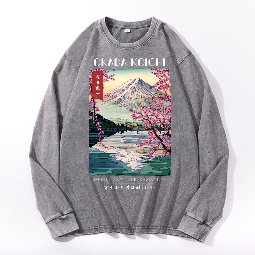 Fuji and Lake Vintage Cotton Wash Crewneck Long-Sleeve T-Shirt