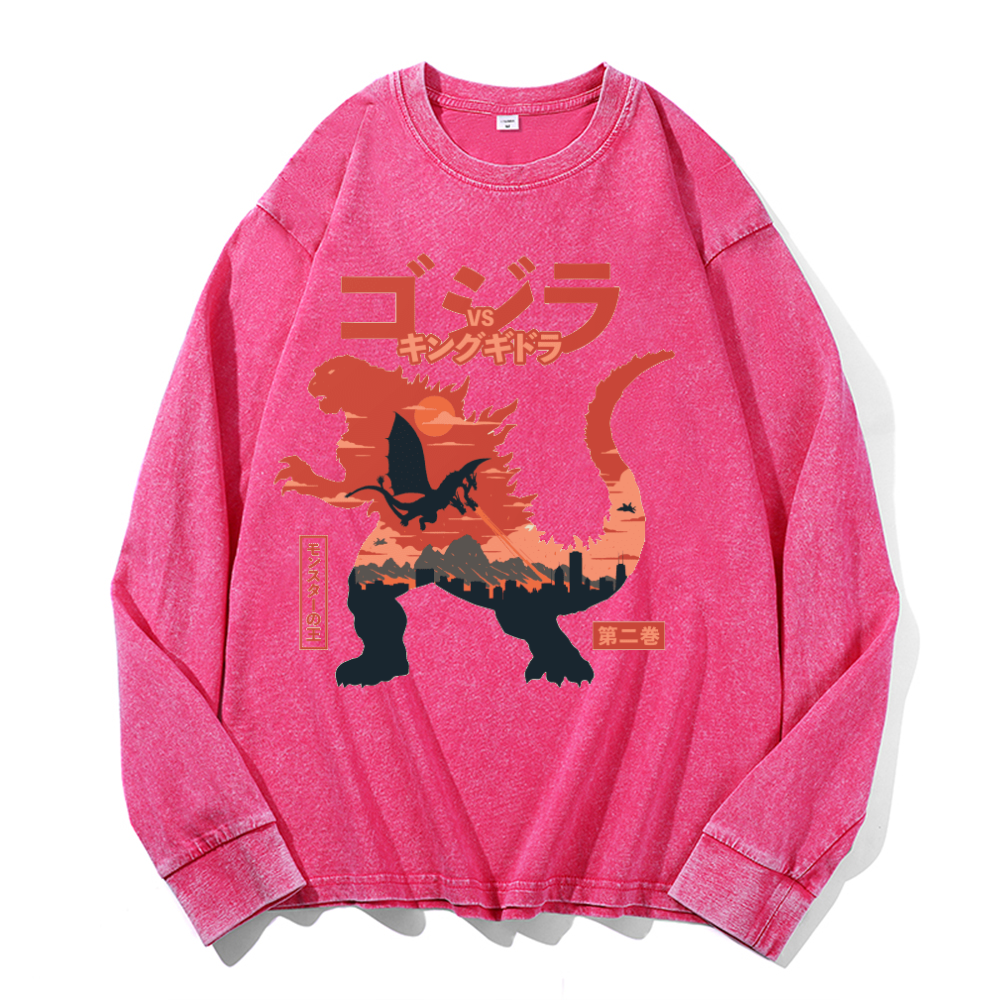 Kaiju vs. King Ghidorah Showdown Vintage Cotton Wash Crewneck Long-Sleeve T-Shirt