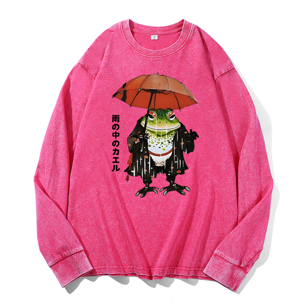 Frog In The Rain Vintage Cotton Wash Long-sleeve T-shirt