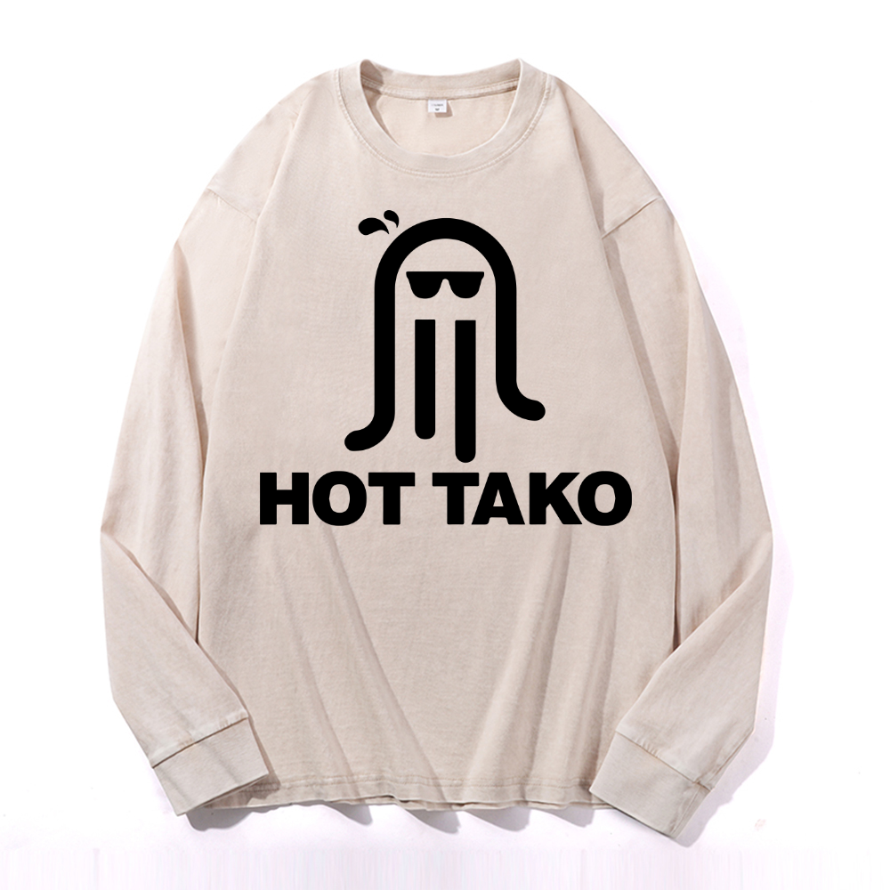 Hot Tako Octopus Vintage Cotton Wash Crewneck Long-Sleeve T-Shirt