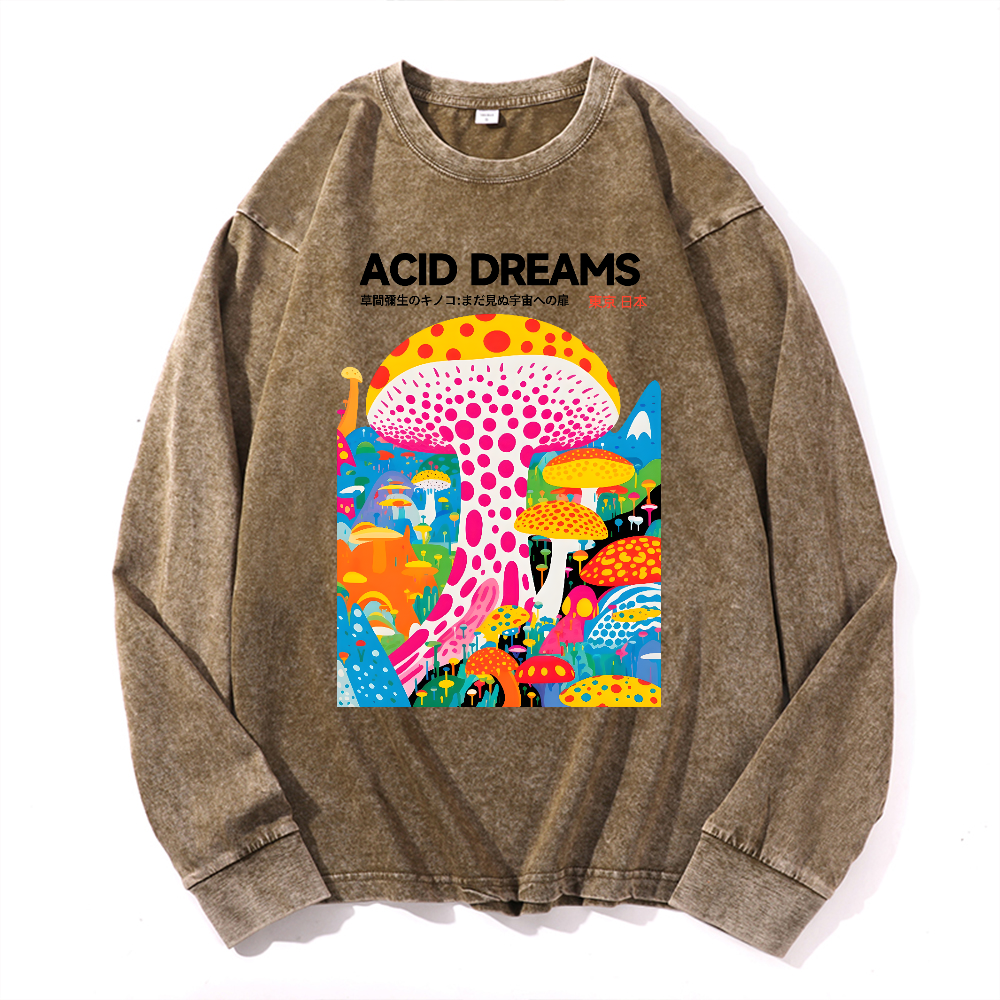 Yayoi Kusama Mushroom Vintage Cotton Wash Crewneck Long-Sleeve T-Shirt