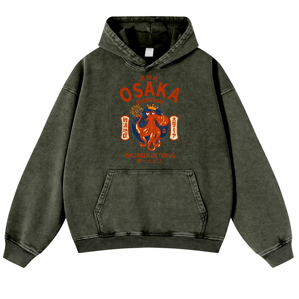 Osaka Dotonbori Drunken Octopus Vintage Washed Thick Cotton Hoodie