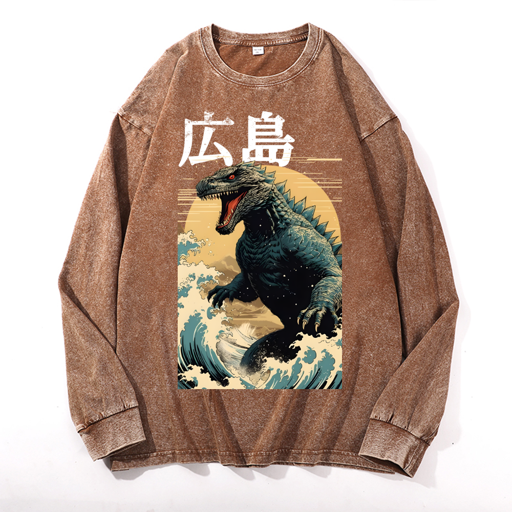 Hiroshima Kaiju Vintage Cotton Wash Crewneck Long-Sleeve T-Shirt