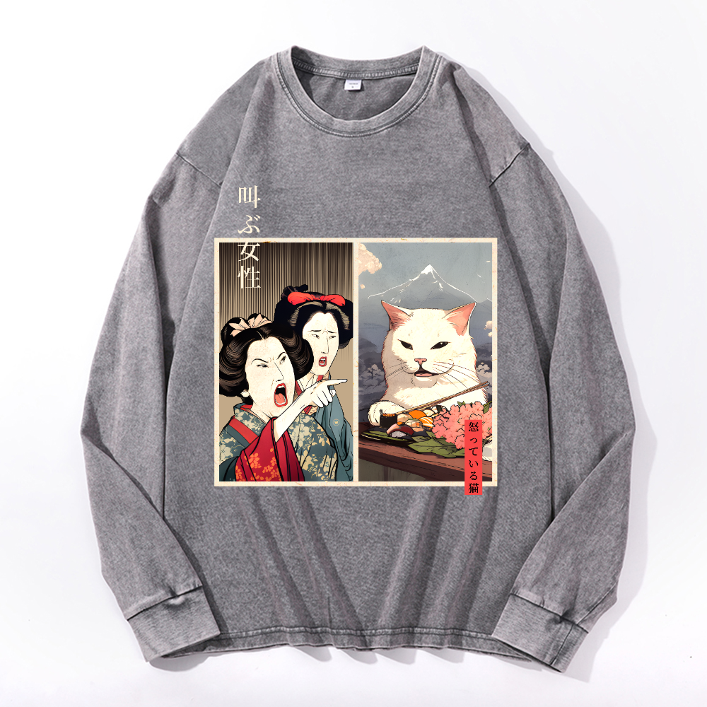 Women Yelling Cat Vintage Cotton Wash Crewneck Long-Sleeve T-Shirt