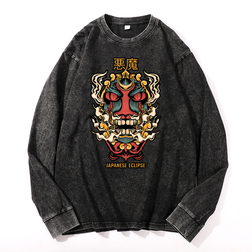 Japanese Eclipse Vintage Cotton Wash Crewneck Long-Sleeve T-Shirt