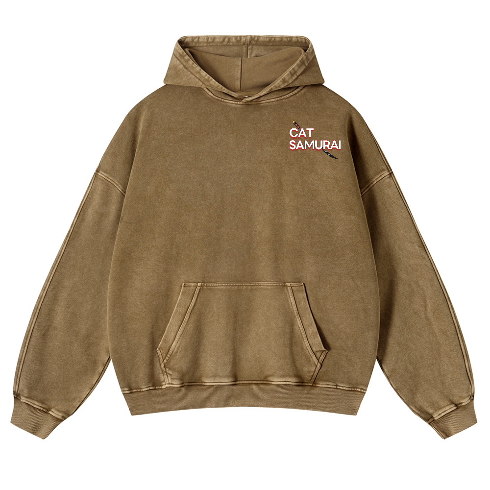 Cat Samurai Vintage Washed Cotton Back Art Hoodie